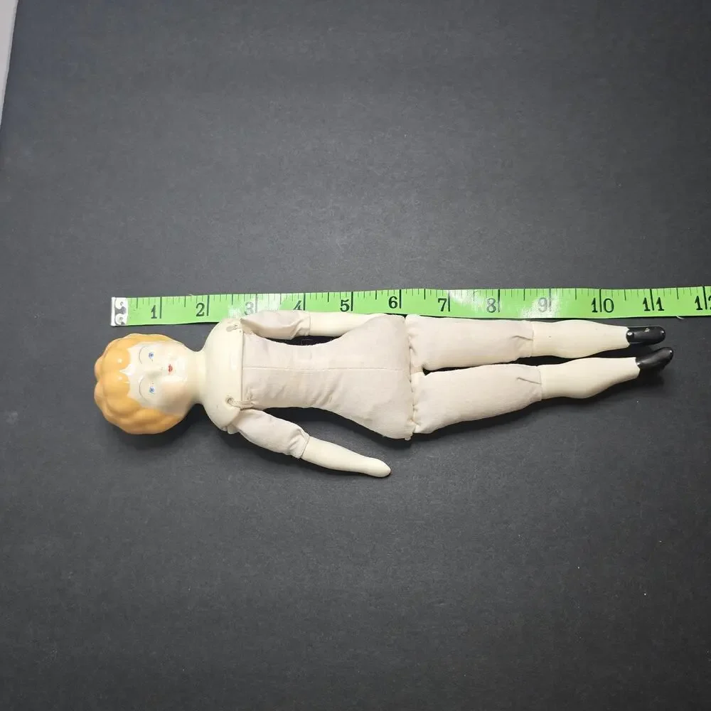 Antique German China Head Doll Lowbrow Boots porcelain arms legs Cloth Body 11